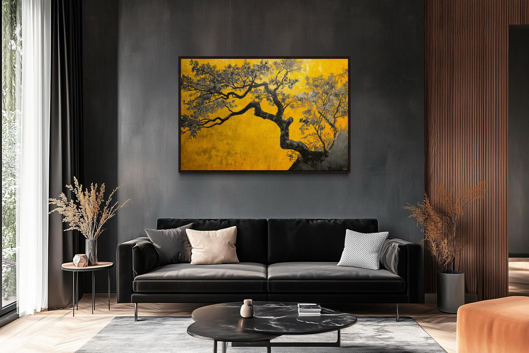 Blossoming Tree On Golden Yellow Background Canvas Print