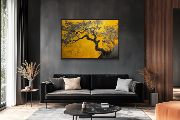 Blossoming Tree On Golden Yellow Background Canvas Print