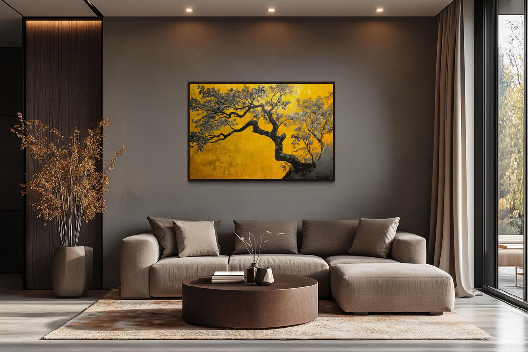 Blossoming Tree On Golden Yellow Background Canvas Print