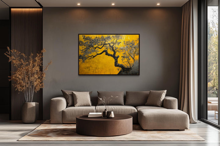 Blossoming Tree On Golden Yellow Background Canvas Print