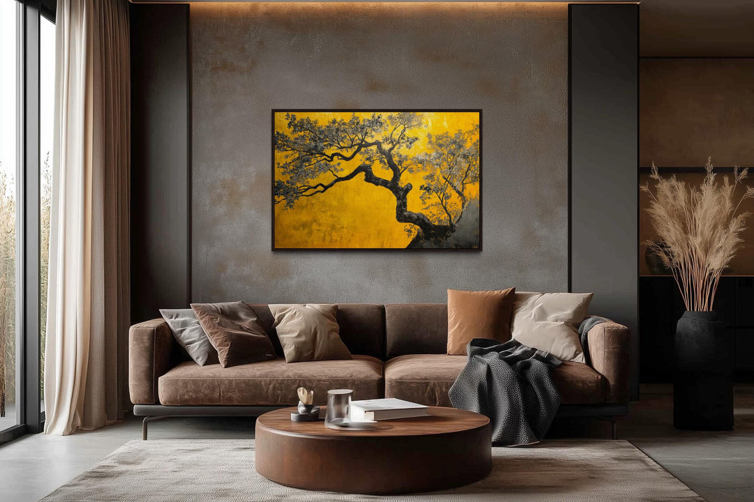 Blossoming Tree On Golden Yellow Background Canvas Print