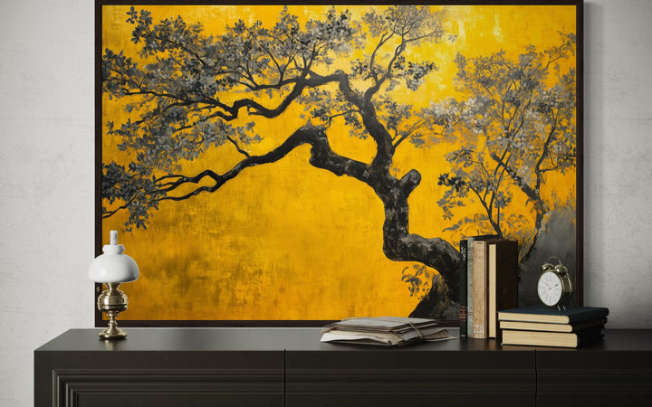 Blossoming Tree On Golden Yellow Background Canvas Print
