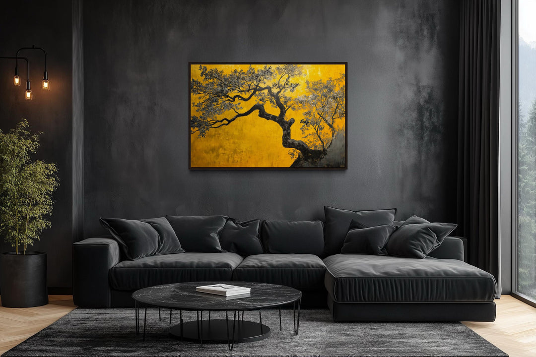 Blossoming Tree On Golden Yellow Background Canvas Print