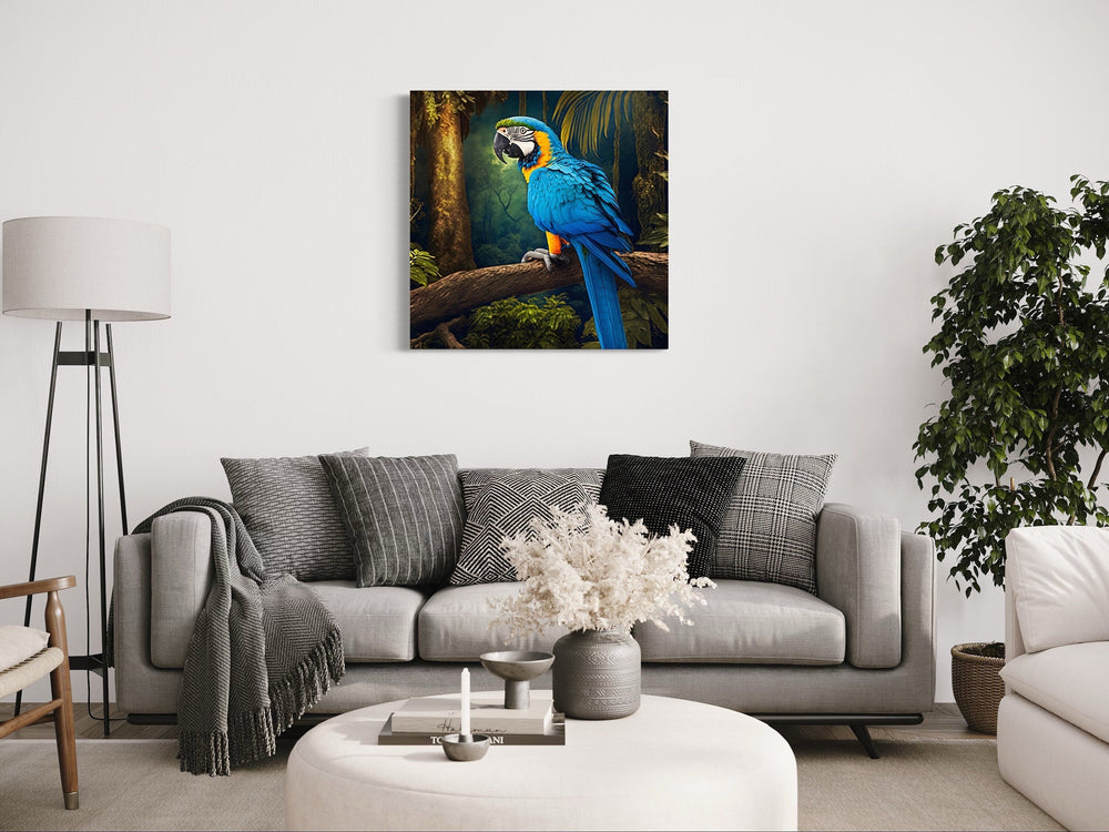 Blue And Yellow Gold Macaw Parrot Framed Canvas Wall Art