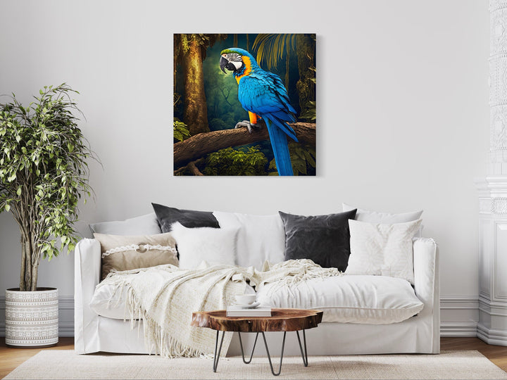 Blue And Yellow Gold Macaw Parrot Framed Canvas Wall Art