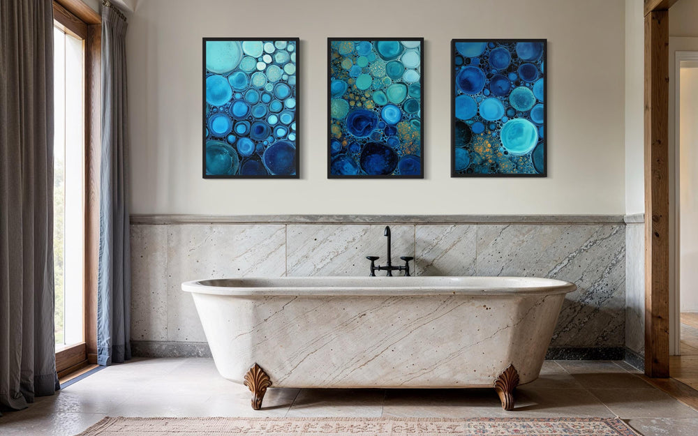 Blue Aqua and Navy Bubble Abstract Wall Art Set of 3 For Bathroom Decor