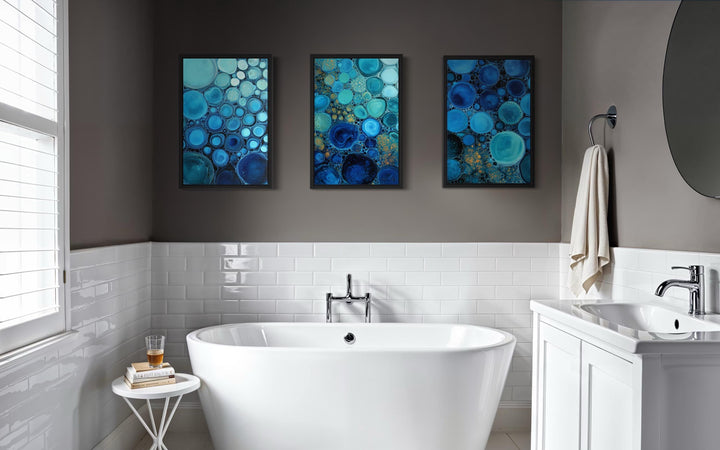 Blue Aqua and Navy Bubble Abstract Wall Art Set of 3 For Bathroom Decor