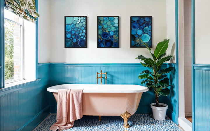 Blue Aqua and Navy Bubble Abstract Wall Art Set of 3 For Bathroom Decor
