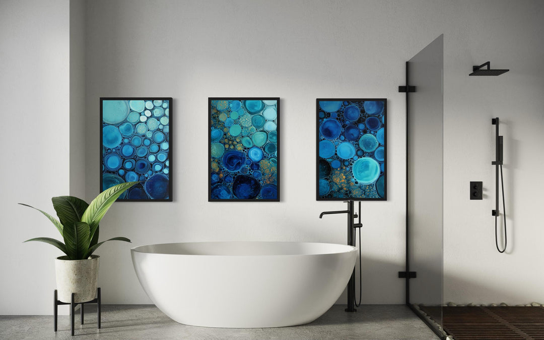 Blue Aqua and Navy Bubble Abstract Wall Art Set of 3 For Bathroom Decor