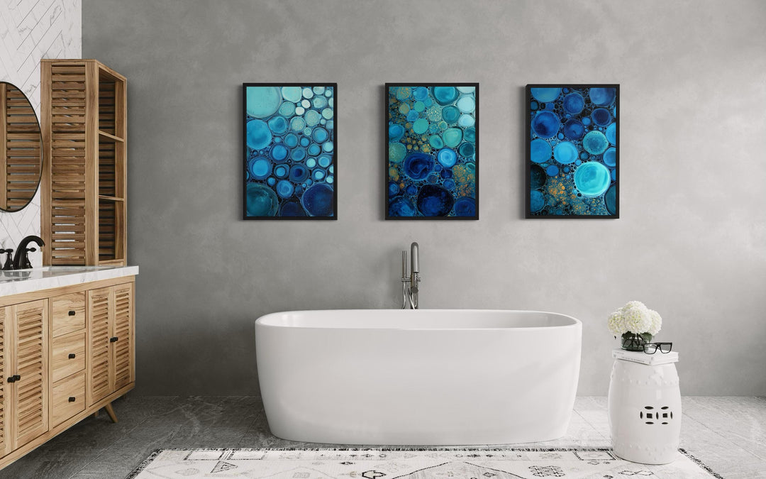 Blue Aqua and Navy Bubble Abstract Wall Art Set of 3 For Bathroom Decor