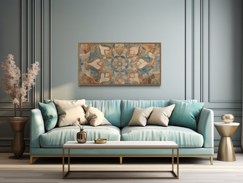 Blue Beige Boho Mandala Neutral Framed Canvas Wall Art above couch