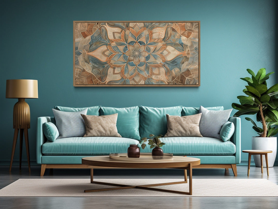 Blue Beige Boho Mandala Neutral Framed Canvas Wall Art