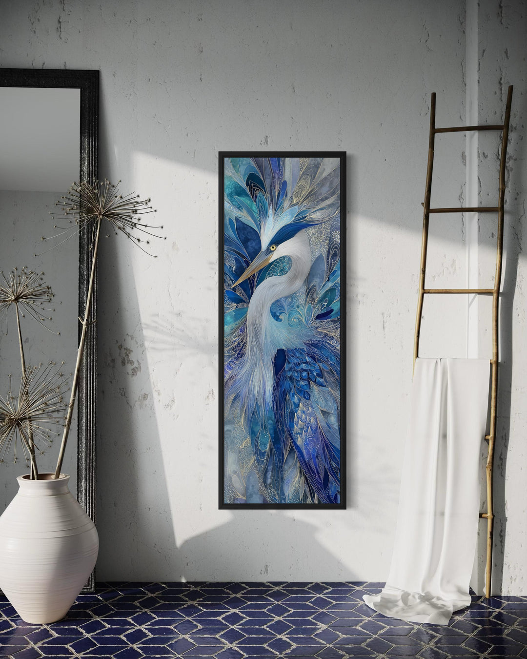 Vertical canvas print of an elegant blue heron with intricate patterns in a black frame.
