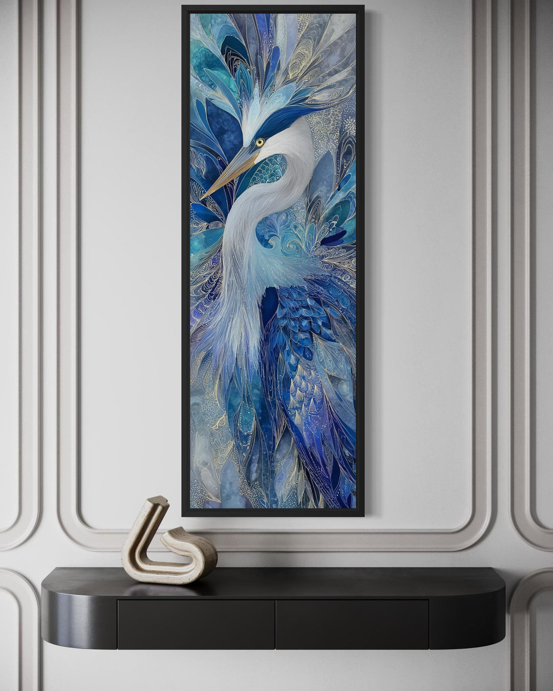 Vertical canvas print of an elegant blue heron with intricate patterns in a modern interior.
