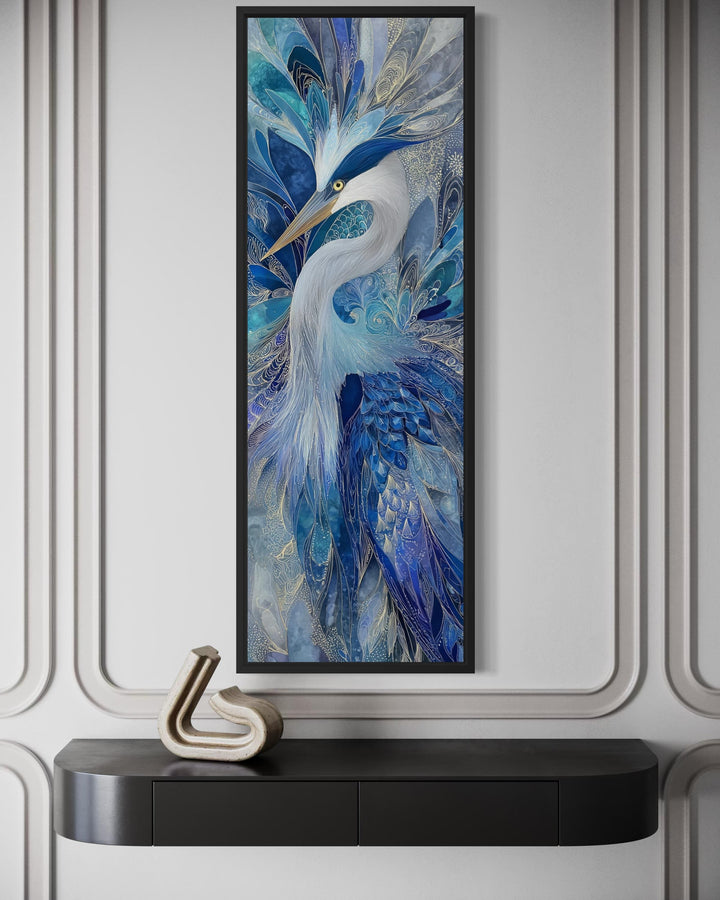 Vertical canvas print of an elegant blue heron with intricate patterns in a modern interior.