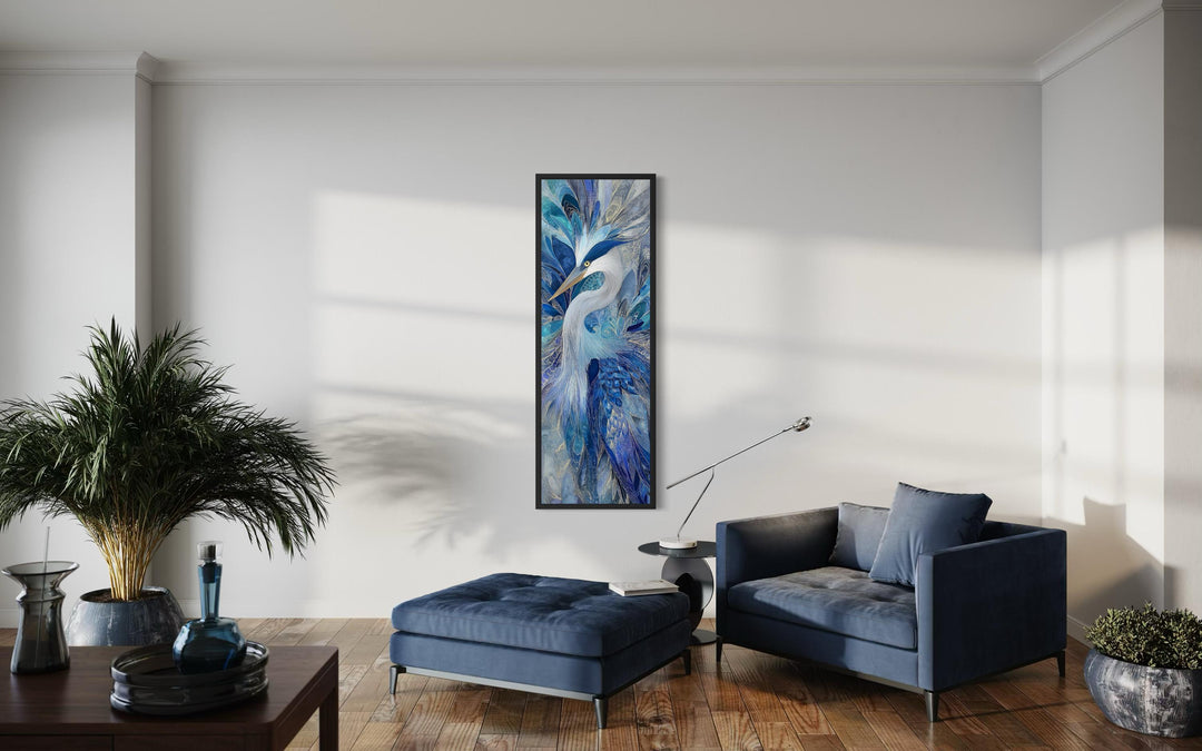 Vertical canvas print of an elegant blue heron with abstract textures in a modern living room.