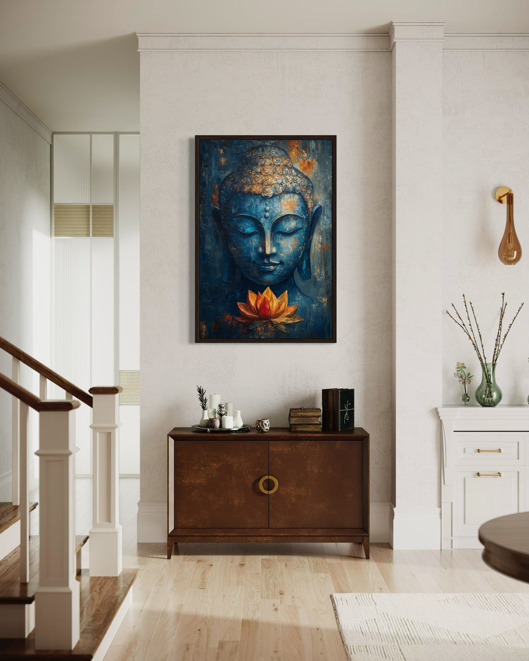 Blue Buddha with Lotus Flower Framed Canvas Wall Art