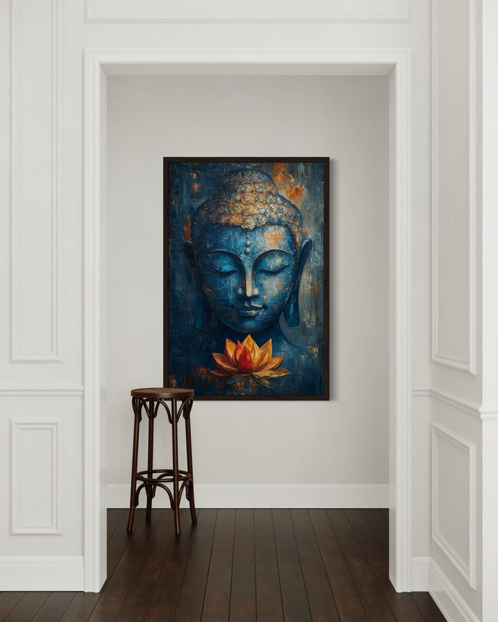 Blue Buddha with Lotus Flower Framed Canvas Wall Art