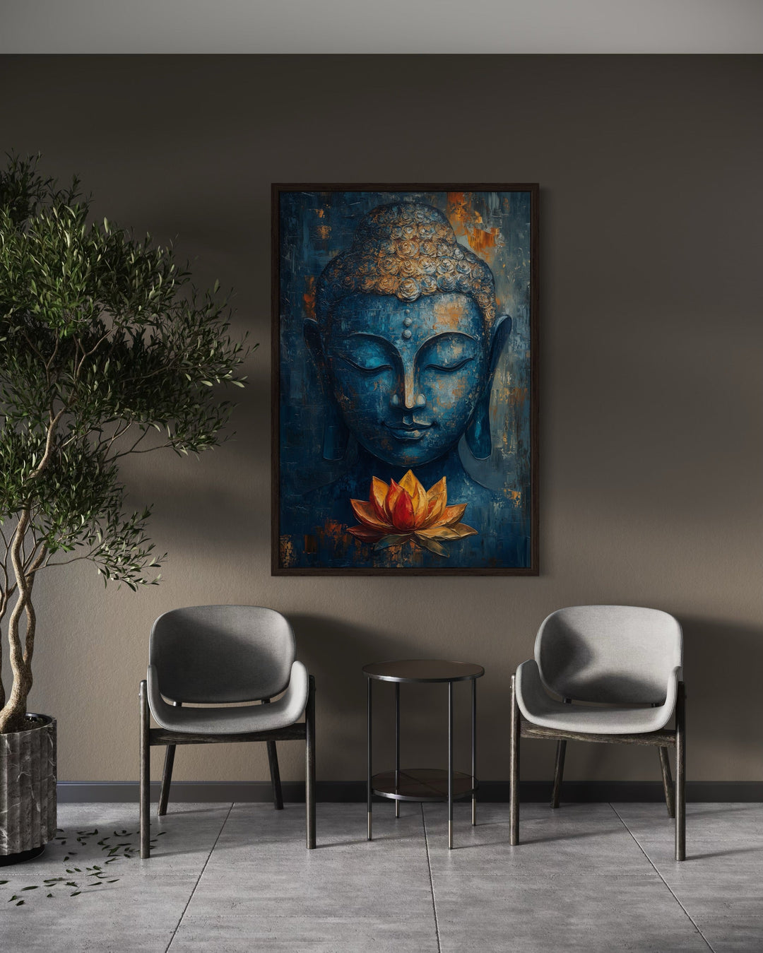 Blue Buddha with Lotus Flower Framed Canvas Wall Art