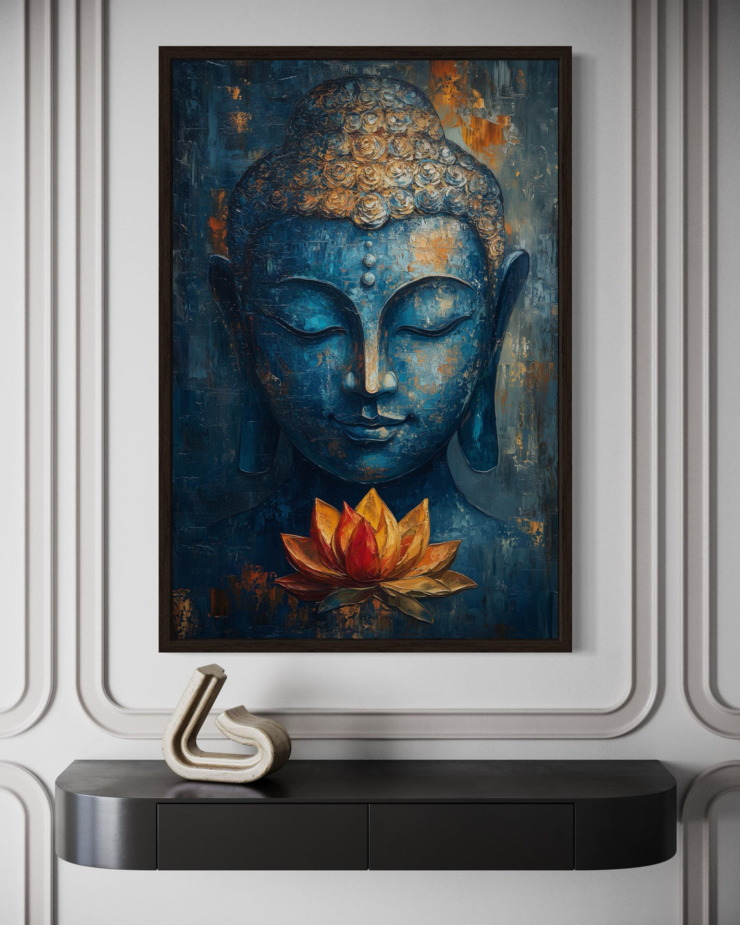 Blue Buddha with Lotus Flower Framed Canvas Wall Art