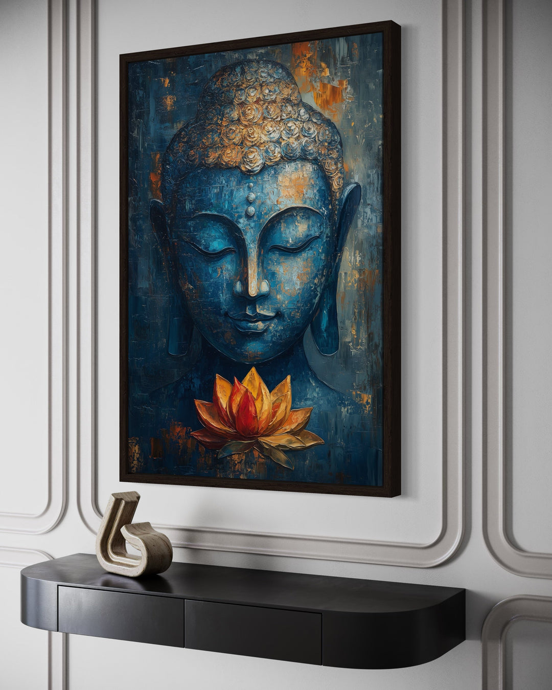 Blue Buddha with Lotus Flower Framed Canvas Wall Art