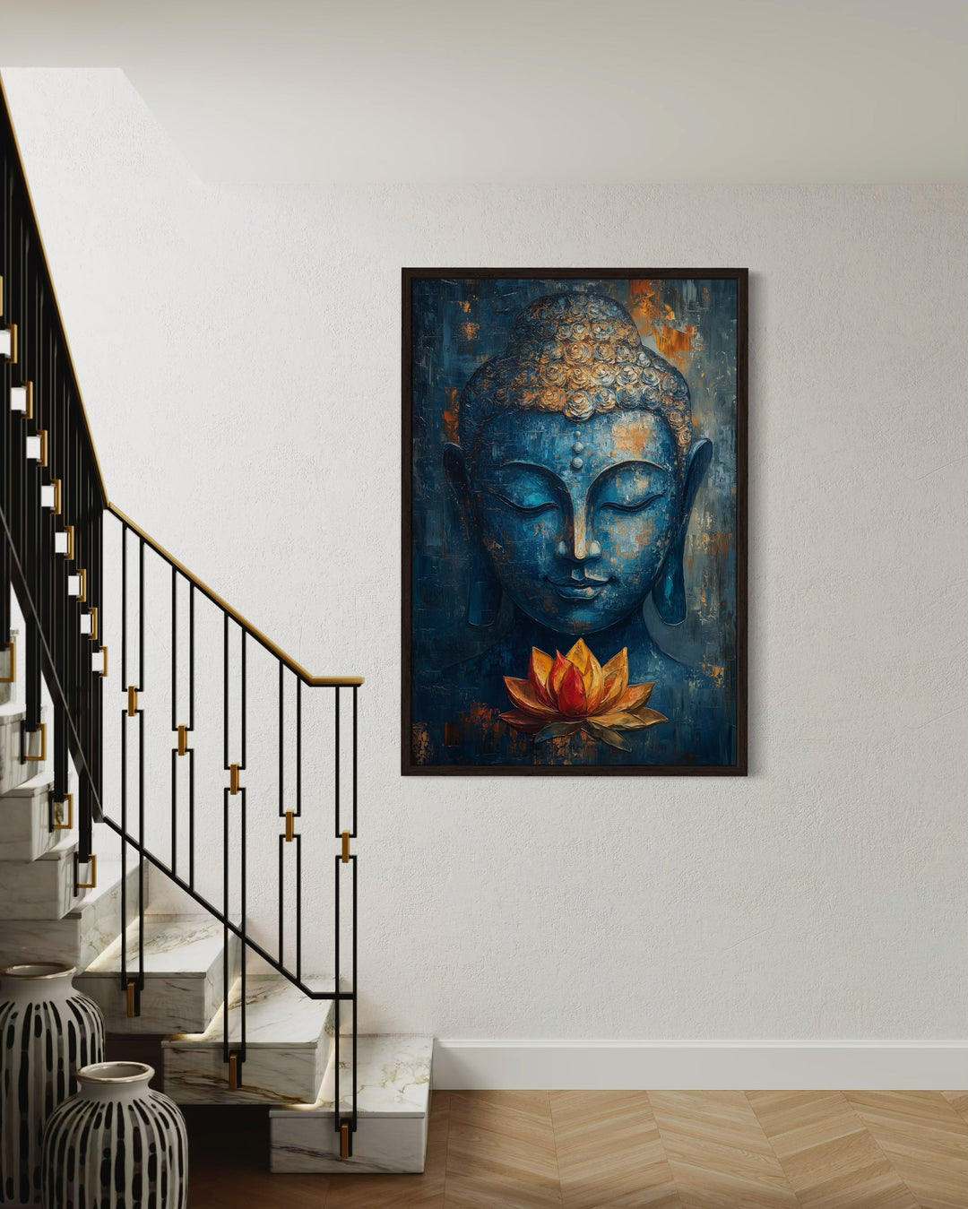 Blue Buddha with Lotus Flower Framed Canvas Wall Art