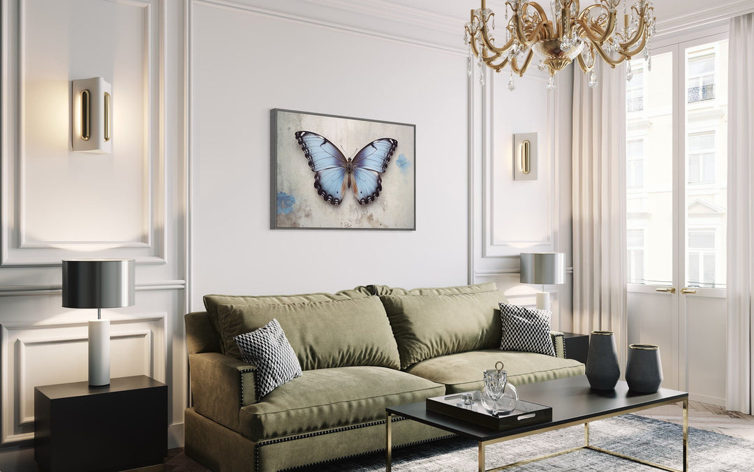 Blue Butterfly Rustic Framed Canvas Wall Art