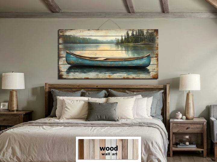 Blue Canoe In The Lake Distressed Wood Wall Art