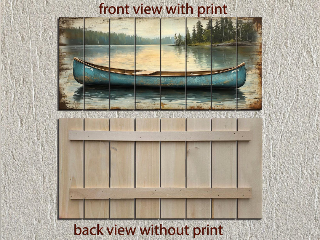 Blue Canoe In The Lake Distressed Wood Wall Art