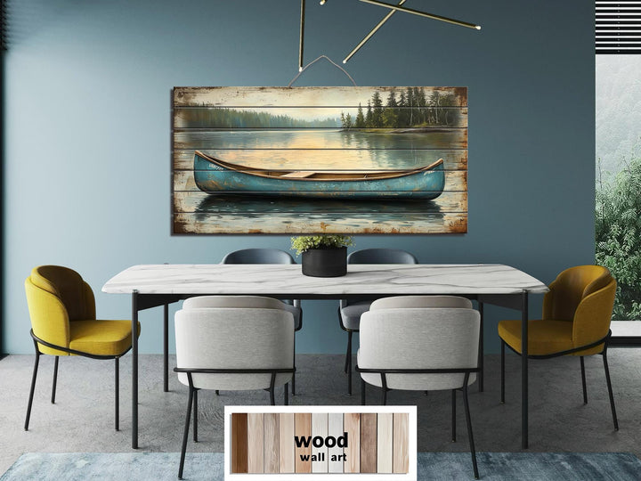 Blue Canoe In The Lake Distressed Wood Wall Art
