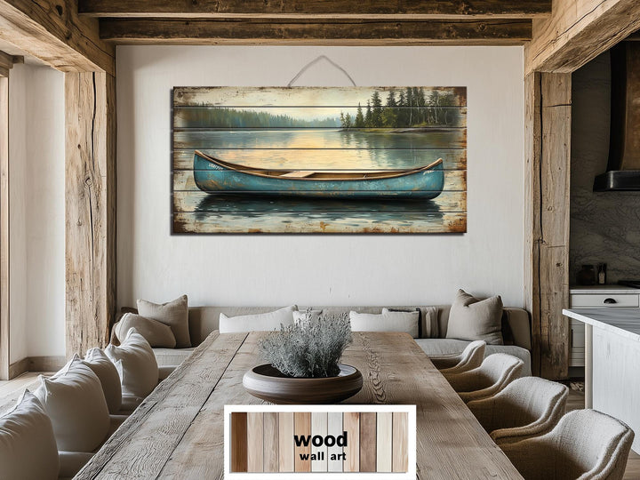 Blue Canoe In The Lake Distressed Wood Wall Art