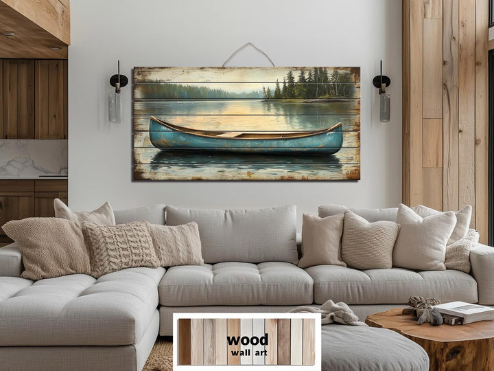 Blue Canoe In The Lake Distressed Wood Wall Art