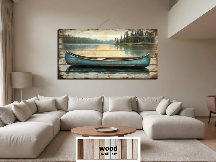 Blue Canoe In The Lake Distressed Wood Wall Art