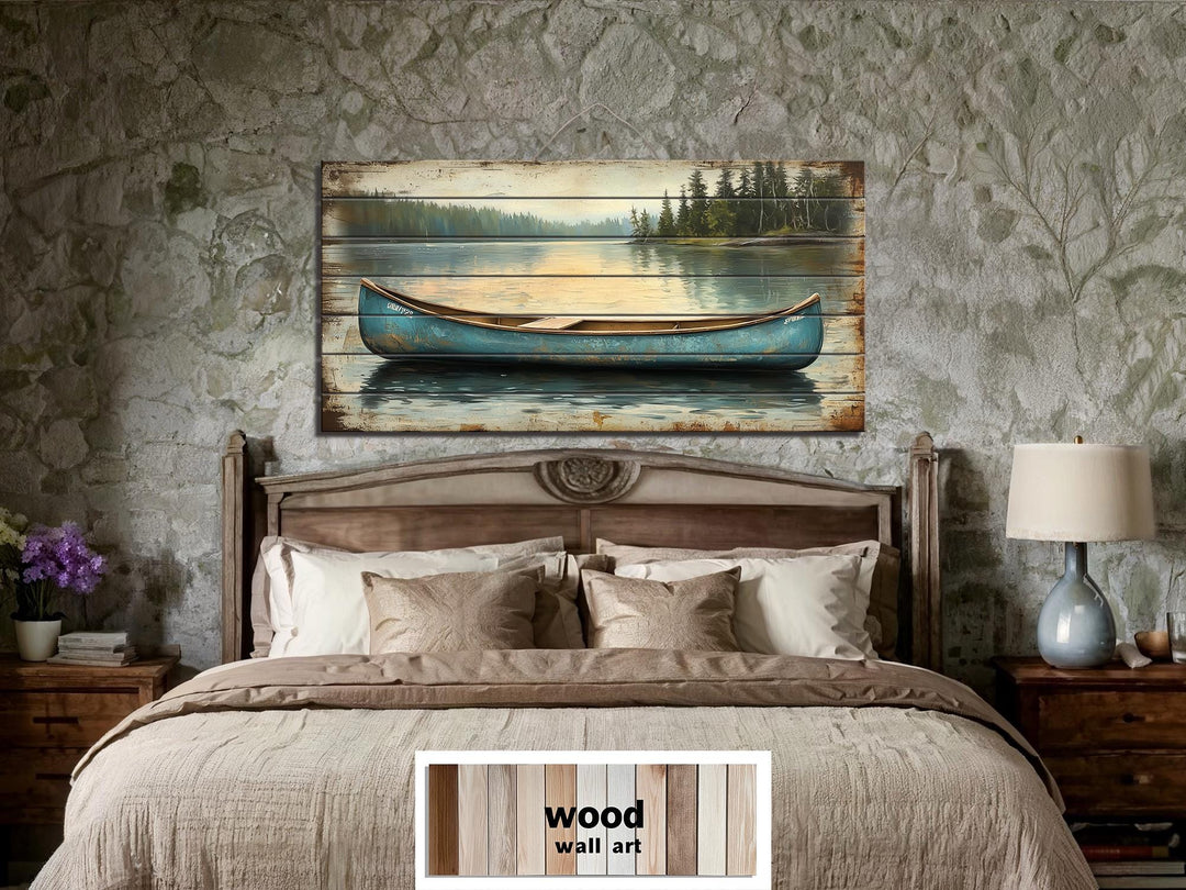 Blue Canoe In The Lake Distressed Wood Wall Art