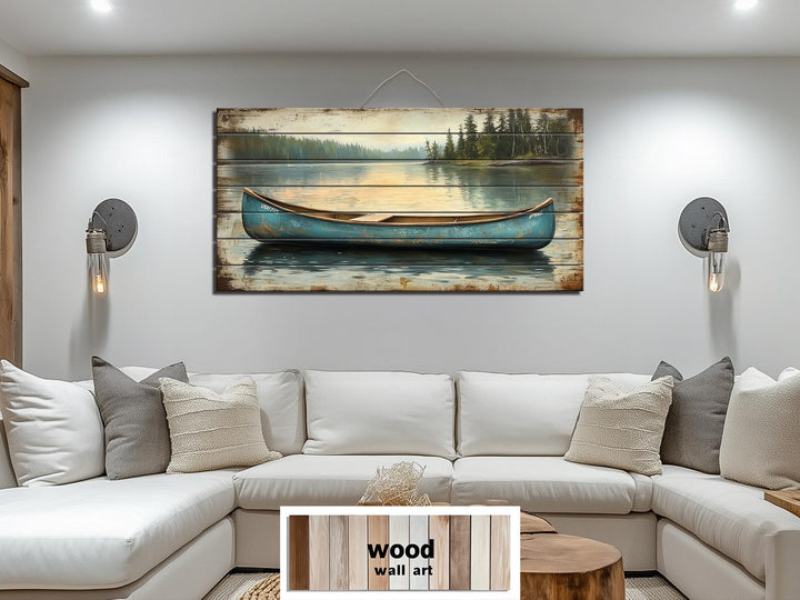 Blue Canoe In The Lake Distressed Wood Wall Art