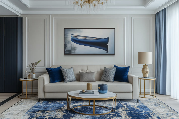 Blue Canoe In The Lake Framed Canvas Wall Art For Lake House Decor