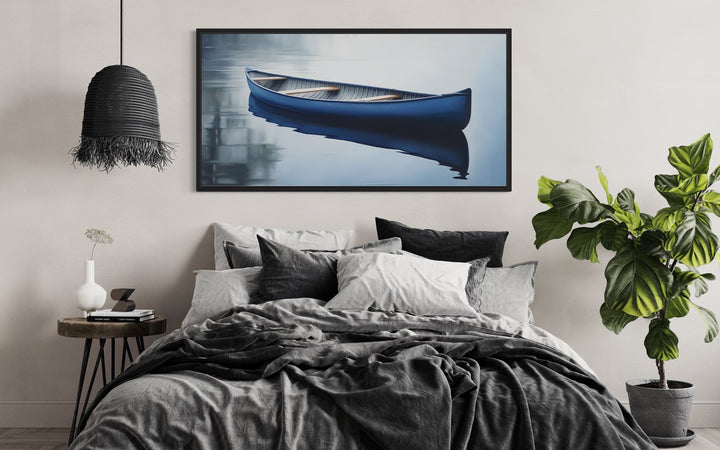 Blue Canoe In The Lake Framed Canvas Wall Art For Lake House Decor