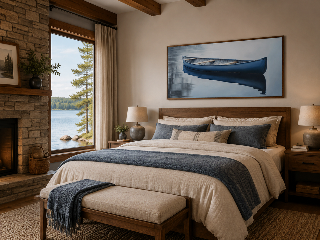 Framed canvas wall art of a blue canoe on a calm lake, hanging above a bed in a rustic bedroom.