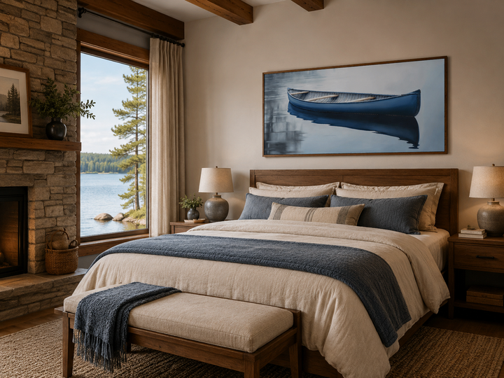 Framed canvas wall art of a blue canoe on a calm lake, hanging above a bed in a rustic bedroom.