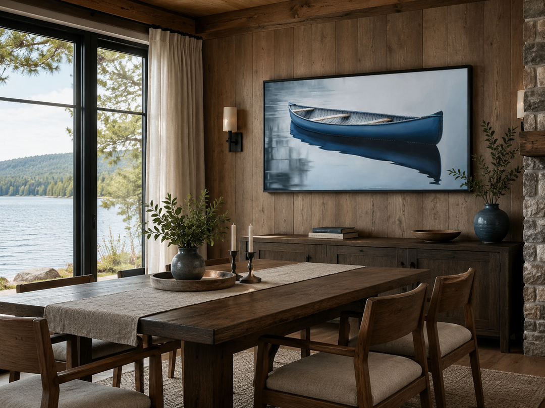 Framed canvas wall art of a blue canoe on a calm lake in a rustic dining room with wood paneling.