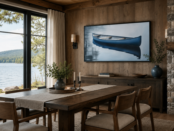 Framed canvas wall art of a blue canoe on a calm lake in a rustic dining room with wood paneling.