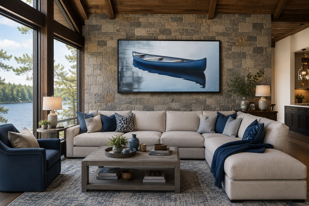 Framed canvas wall art of a blue canoe on a calm lake, hanging on a stone wall in a living room.