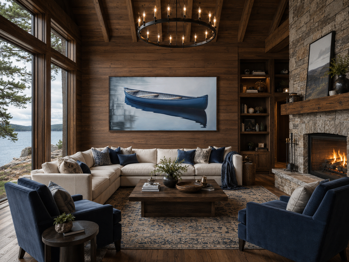 Extra-large framed canvas wall art of a blue canoe on a calm lake in a rustic living room.