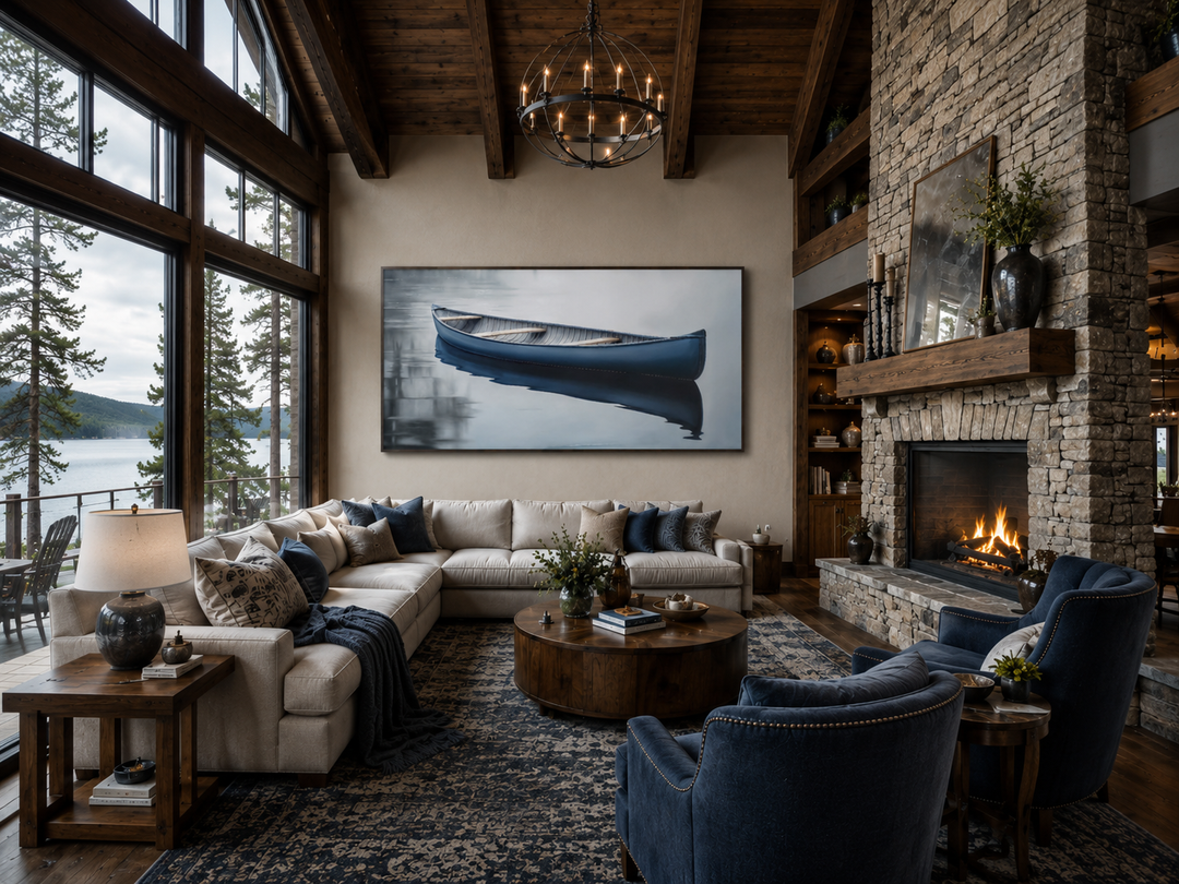 Extra-large framed canvas art of a blue canoe on a calm lake above a sectional sofa in a lodge.