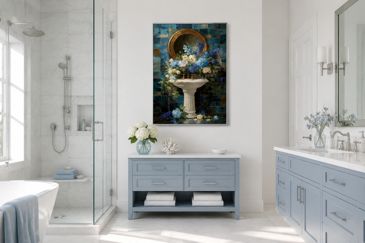 Blue Floral Pedestal Sink Romantic Bathroom Wall Art canvas print in a modern bathroom setting.