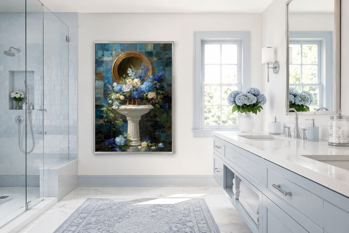 Blue floral pedestal sink painting on a bathroom wall with blue tiles and a light blue vanity.