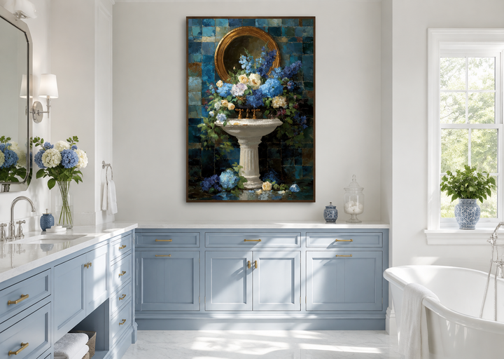Vertical canvas art of blue flowers in a pedestal sink, hung in a light blue and white bathroom.