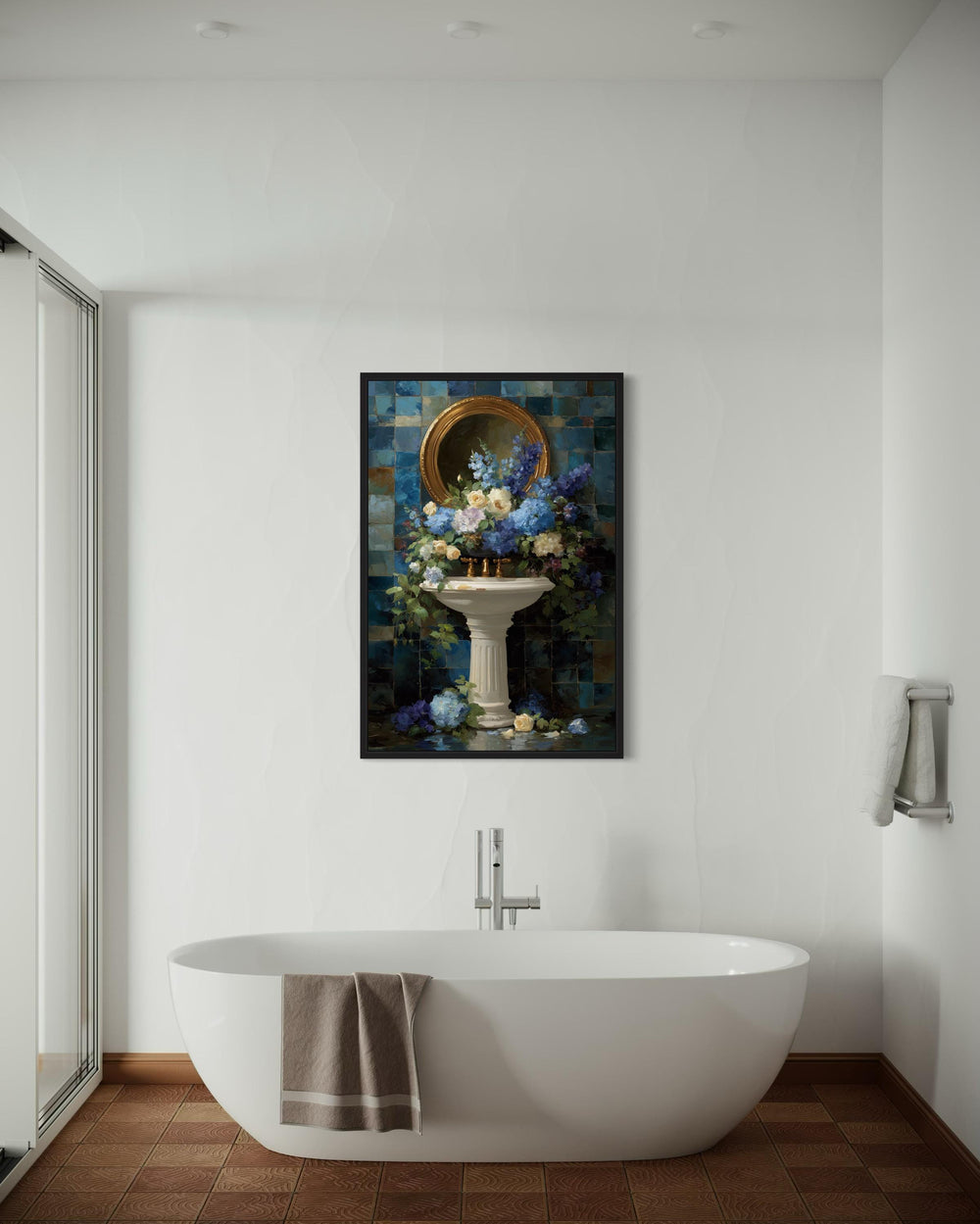 Blue Floral Pedestal Sink Romantic Bathroom Wall Art