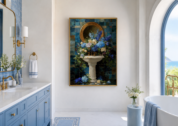Vertical canvas art of a pedestal sink with blue and white flowers in a blue tiled bathroom.