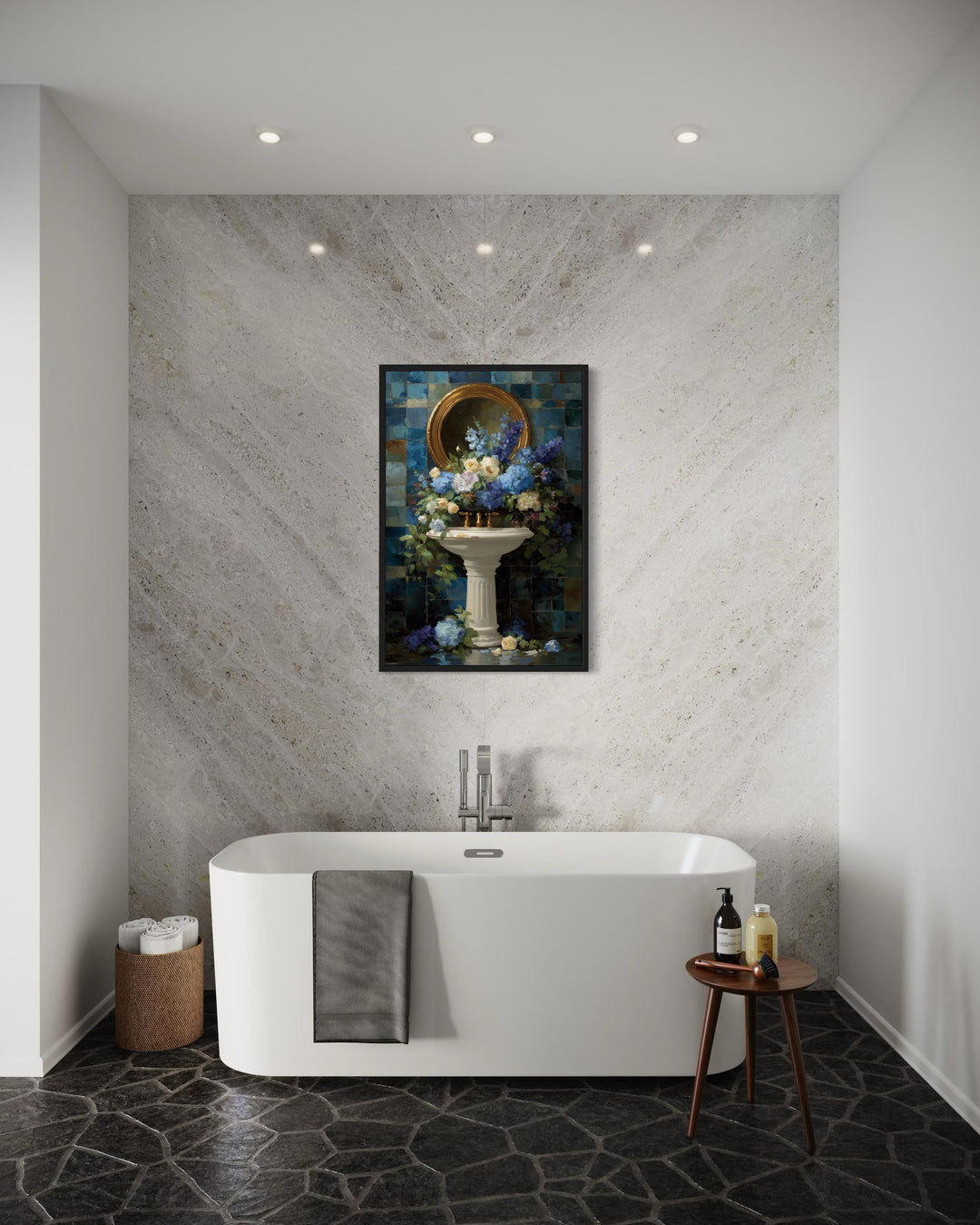 Blue Floral Pedestal Sink Romantic Bathroom Wall Art